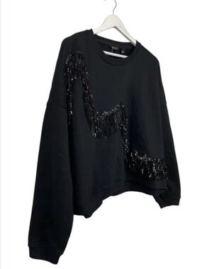Black Sequin Fringe Crewneck Sweatshirt